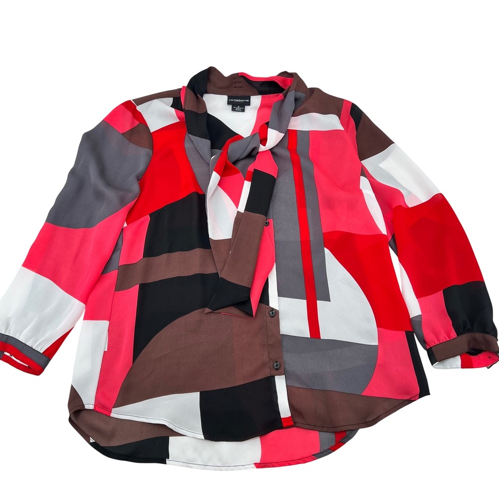 Liz Claiborne Career Womens Red Geometric Tie Neck Colorblock Blouse Size Medium